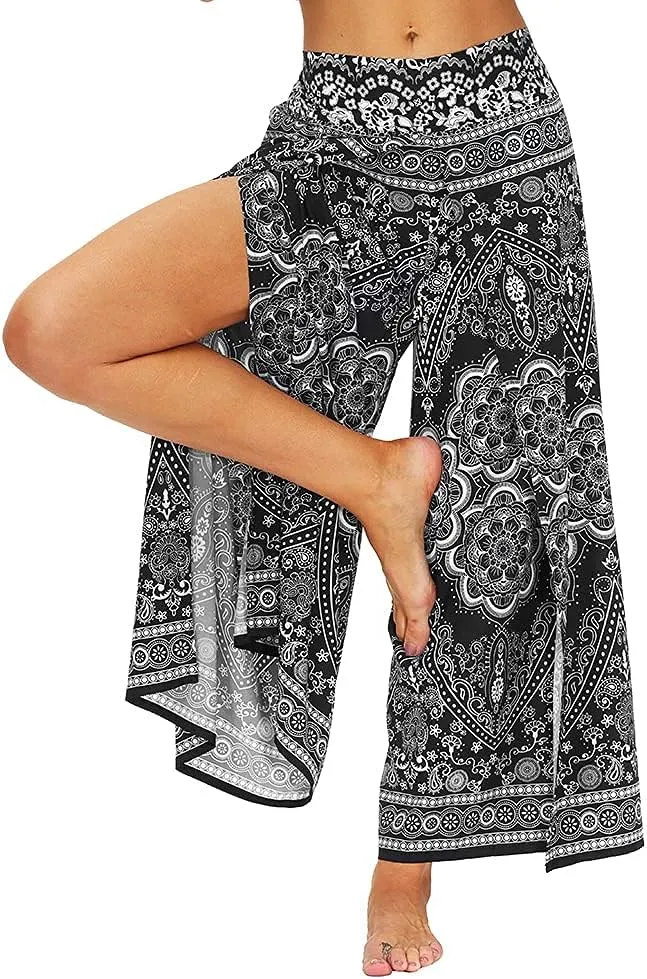 Ainuno Boho Pants Wide Leg Palazzo Pants with Slits for Women Flowy Hippie Pants Thin