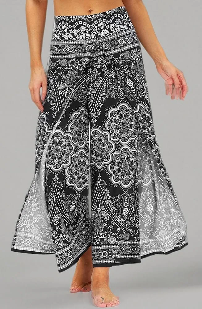 Ainuno Boho Pants Wide Leg Palazzo Pants with Slits for Women Flowy Hippie Pants Thin