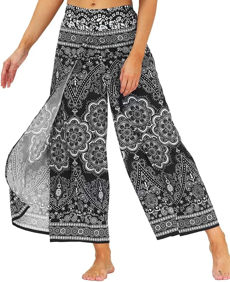 Ainuno Boho Pants Wide Leg Palazzo Pants with Slits for Women Flowy Hippie Pants Thin