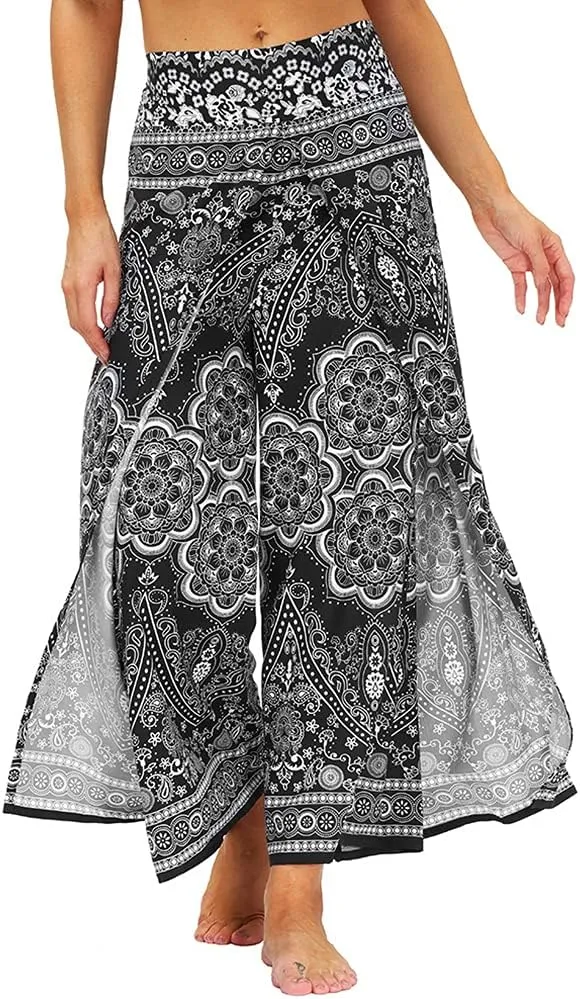 Ainuno Boho Pants Wide Leg Palazzo Pants with Slits for Women Flowy Hippie Pants Thin