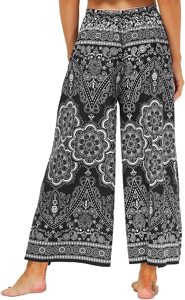 Ainuno Boho Pants Wide Leg Palazzo Pants with Slits for Women Flowy Hippie Pants Thin
