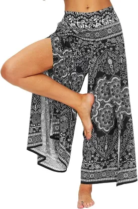 Ainuno Boho Pants Wide Leg Palazzo Pants with Slits for Women Flowy Hippie Pants Thin