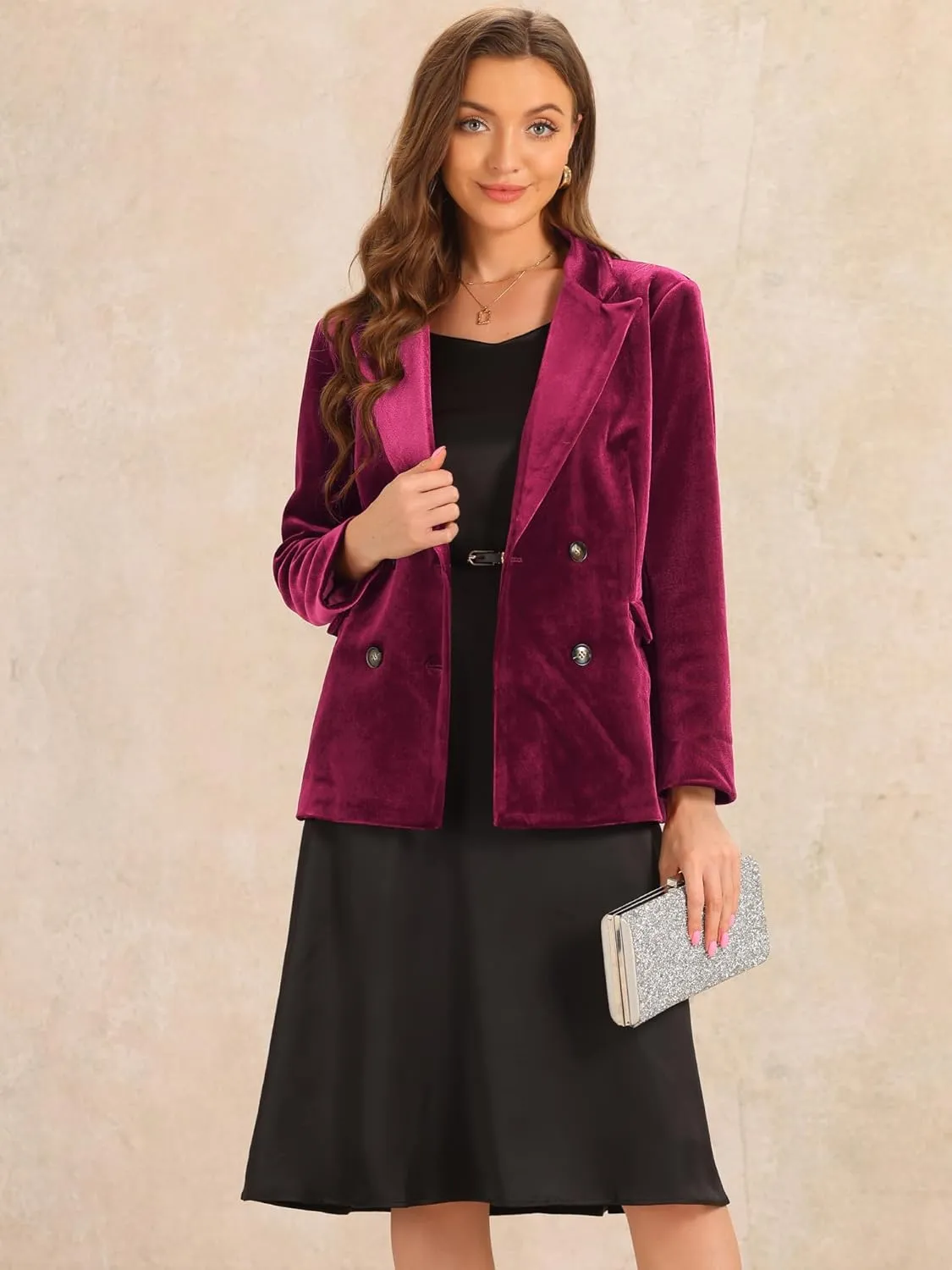 Allegra K Velvet Blazers for Women's Notched Lapel Long Sleeve Double Breasted Blazer Jacket