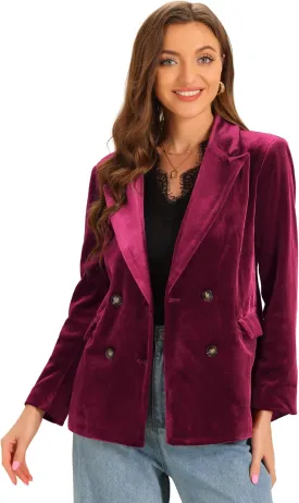 Allegra K Velvet Blazers for Women's Notched Lapel Long Sleeve Double Breasted Blazer Jacket