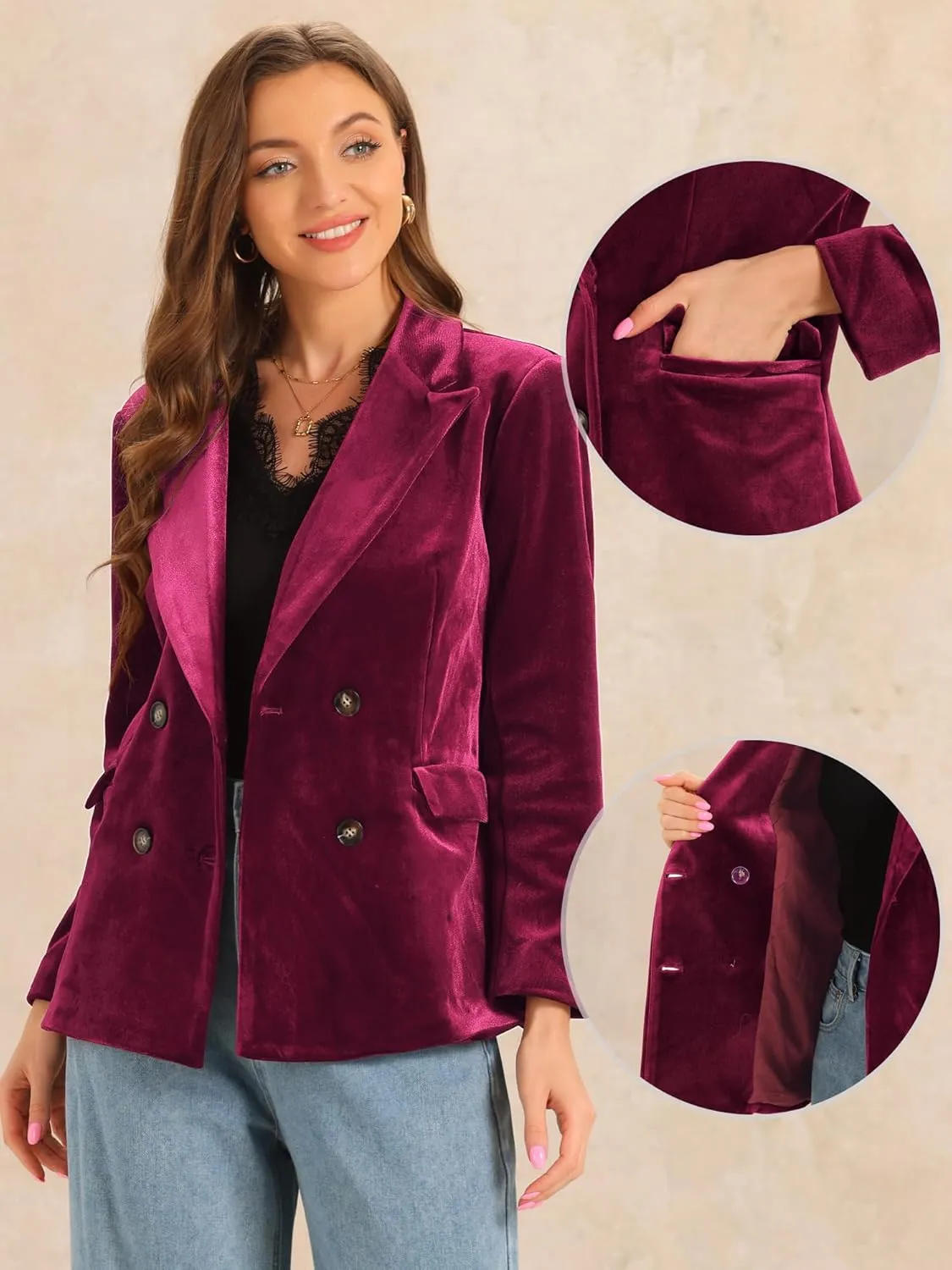 Allegra K Velvet Blazers for Women's Notched Lapel Long Sleeve Double Breasted Blazer Jacket
