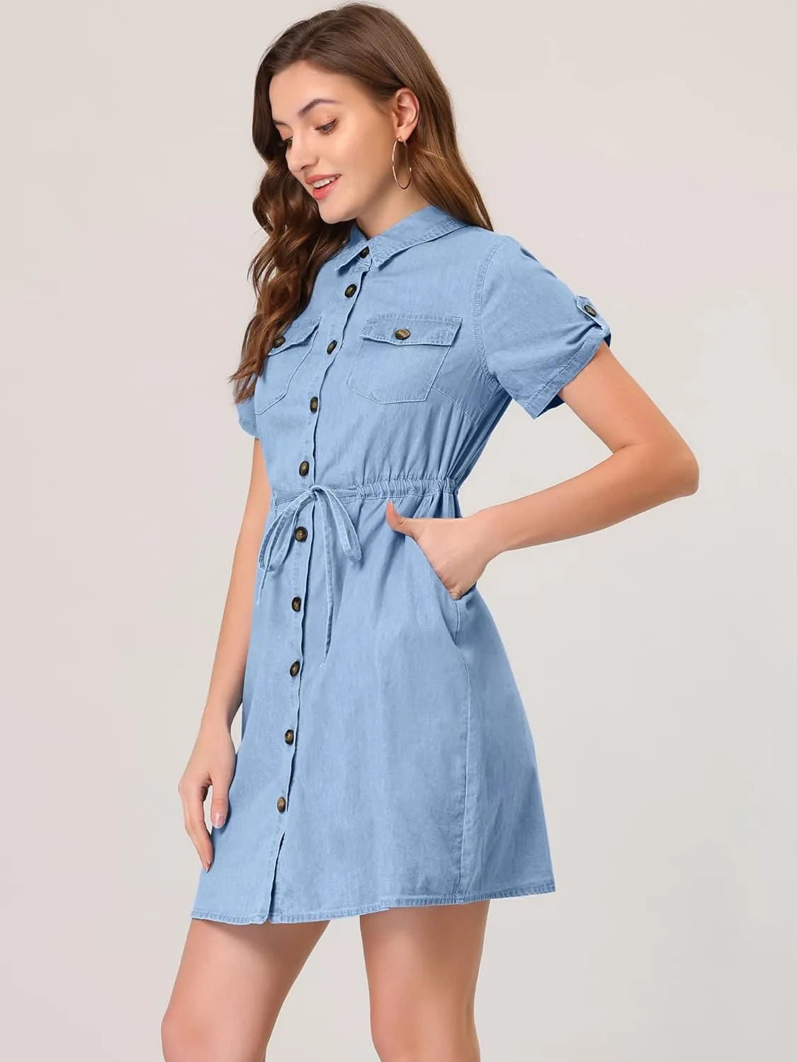 Allegra K Women's Jean Dress Short Sleeve Tie Waist Casual Button Down Shirt Denim Dresses