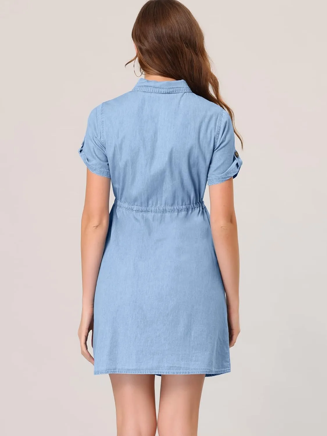 Allegra K Women's Jean Dress Short Sleeve Tie Waist Casual Button Down Shirt Denim Dresses
