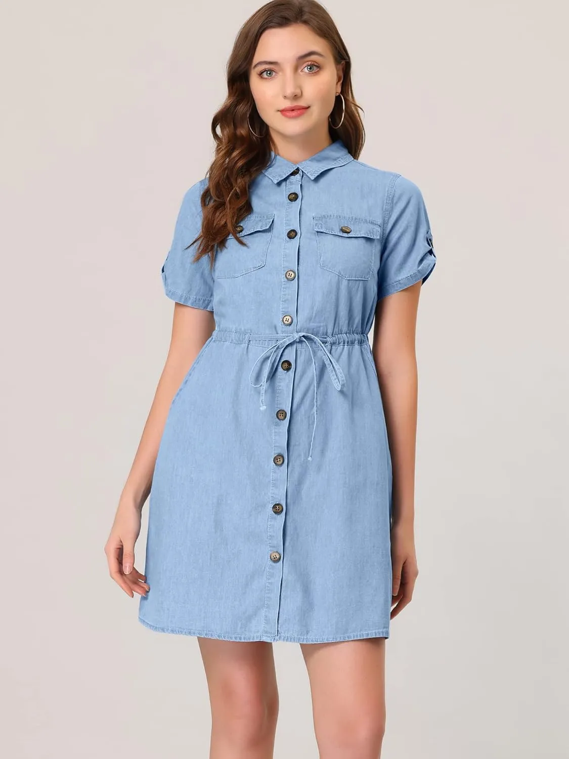 Allegra K Women's Jean Dress Short Sleeve Tie Waist Casual Button Down Shirt Denim Dresses
