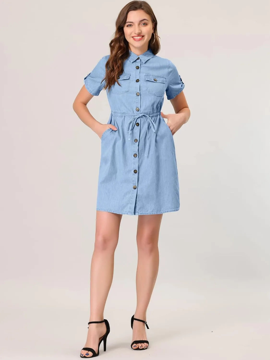 Allegra K Women's Jean Dress Short Sleeve Tie Waist Casual Button Down Shirt Denim Dresses