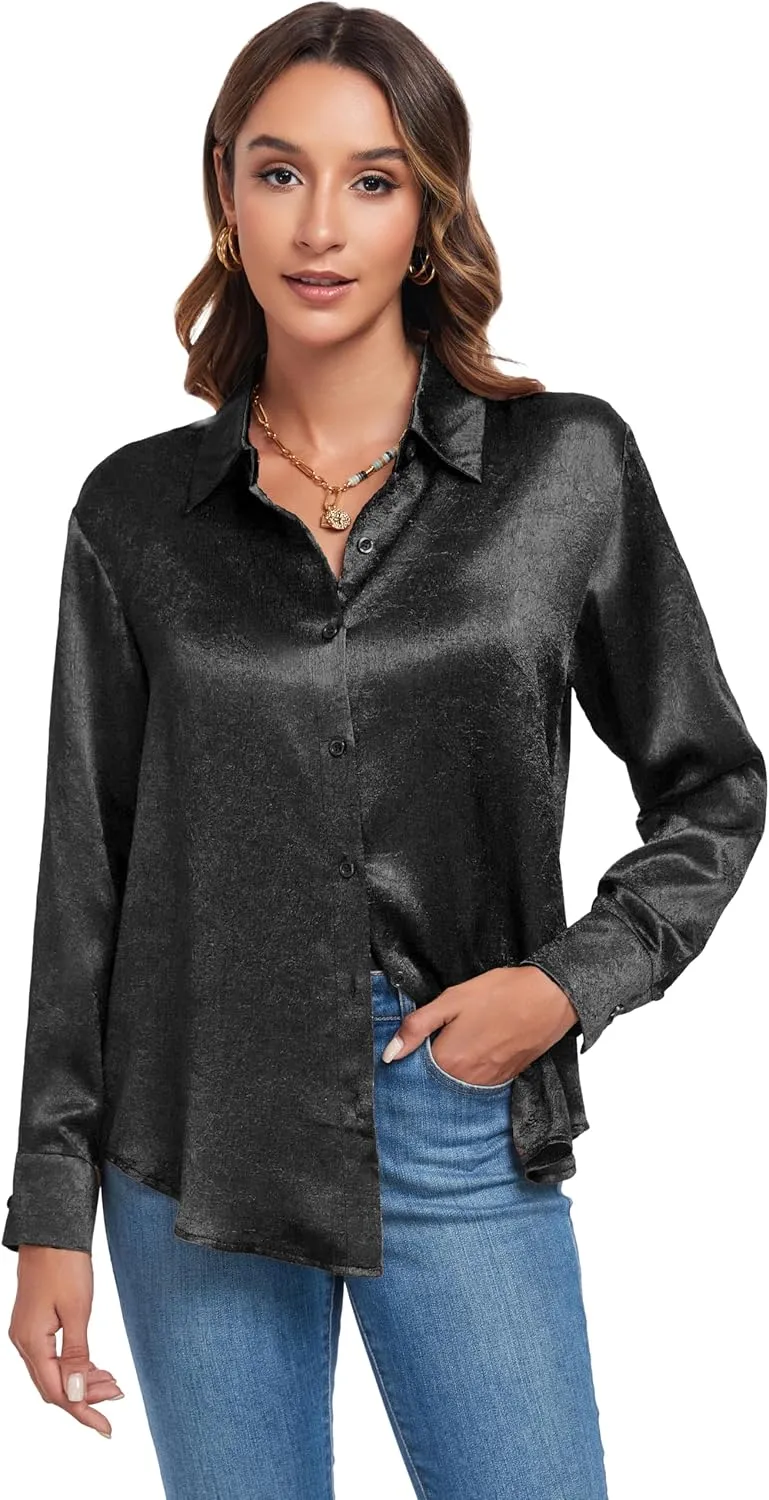 Atnlewhi Women's Long Sleeve Button Down Satin Silk Texture Shirts Casual Business Smooth Blouse Tops