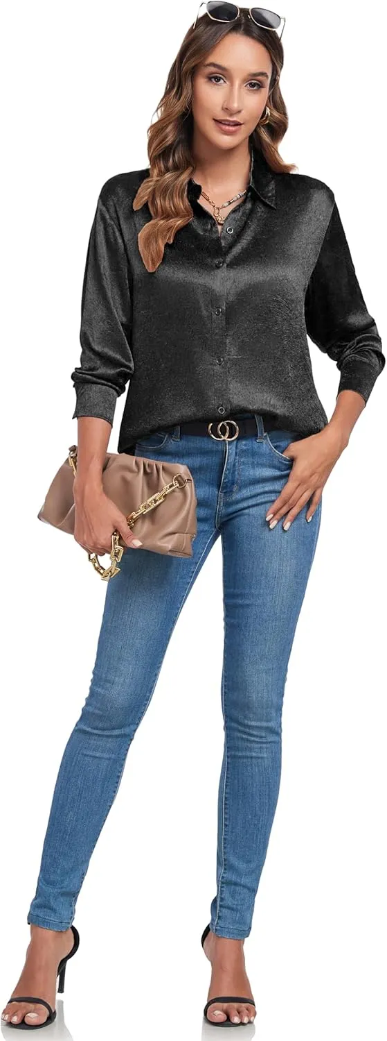 Atnlewhi Women's Long Sleeve Button Down Satin Silk Texture Shirts Casual Business Smooth Blouse Tops