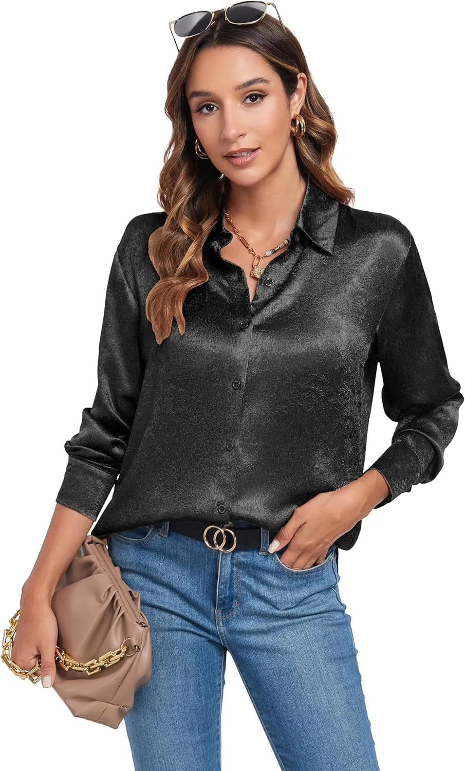 Atnlewhi Women's Long Sleeve Button Down Satin Silk Texture Shirts Casual Business Smooth Blouse Tops