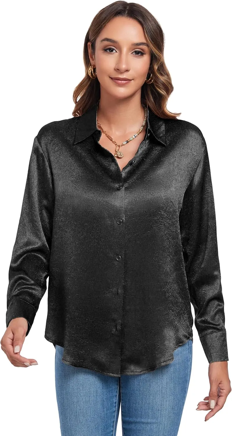 Atnlewhi Women's Long Sleeve Button Down Satin Silk Texture Shirts Casual Business Smooth Blouse Tops