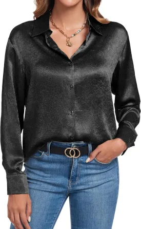 Atnlewhi Women's Long Sleeve Button Down Satin Silk Texture Shirts Casual Business Smooth Blouse Tops