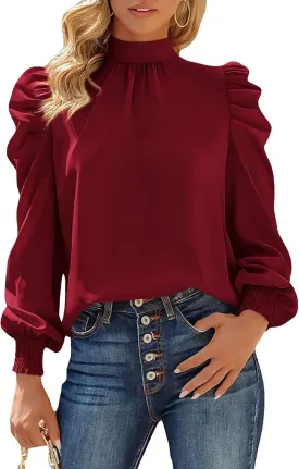 BTFBM Women Satin Puff Long Sleeve Blouses Mock Neck Shirts Business Casual Tops Work Dressy Blouse Spring Fall Clothes
