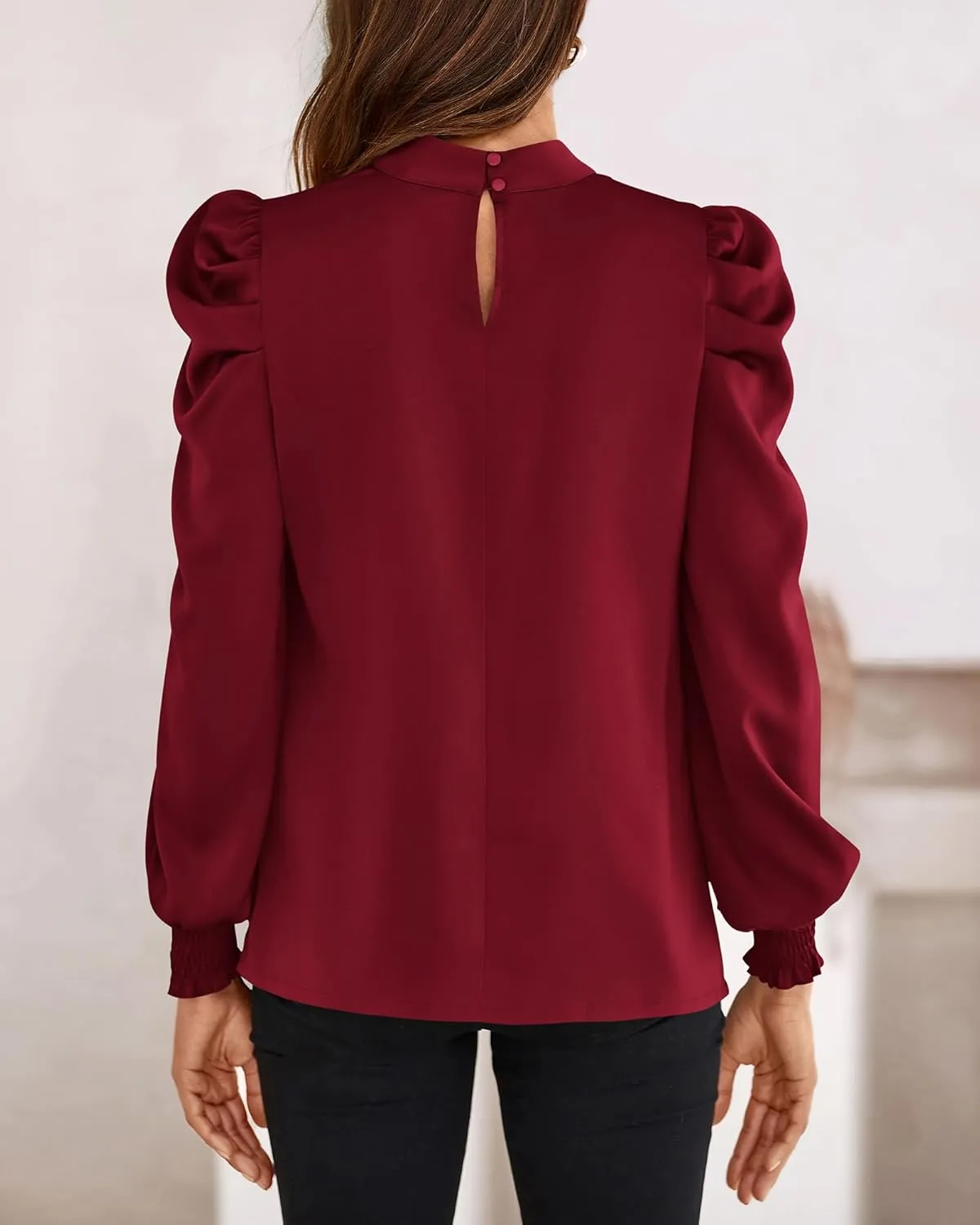 BTFBM Women Satin Puff Long Sleeve Blouses Mock Neck Shirts Business Casual Tops Work Dressy Blouse Spring Fall Clothes