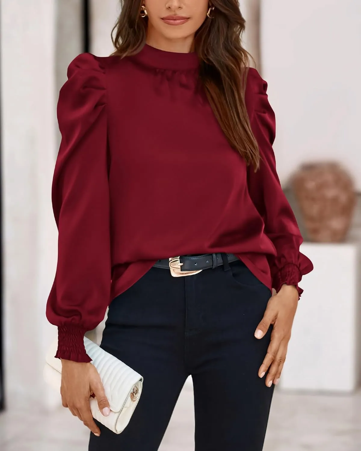 BTFBM Women Satin Puff Long Sleeve Blouses Mock Neck Shirts Business Casual Tops Work Dressy Blouse Spring Fall Clothes