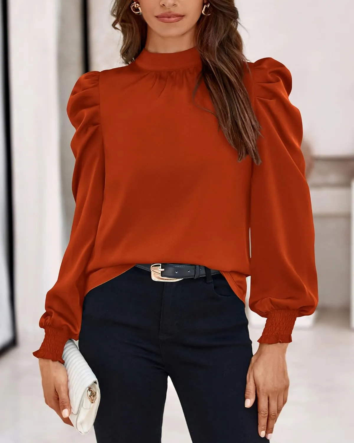 BTFBM Women Satin Puff Long Sleeve Blouses Mock Neck Shirts Business Casual Tops Work Dressy Blouse Spring Fall Clothes
