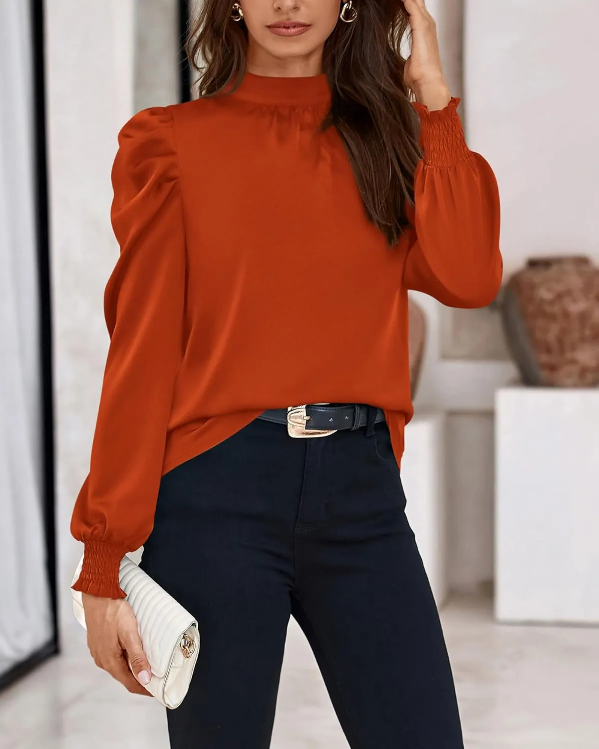 BTFBM Women Satin Puff Long Sleeve Blouses Mock Neck Shirts Business Casual Tops Work Dressy Blouse Spring Fall Clothes