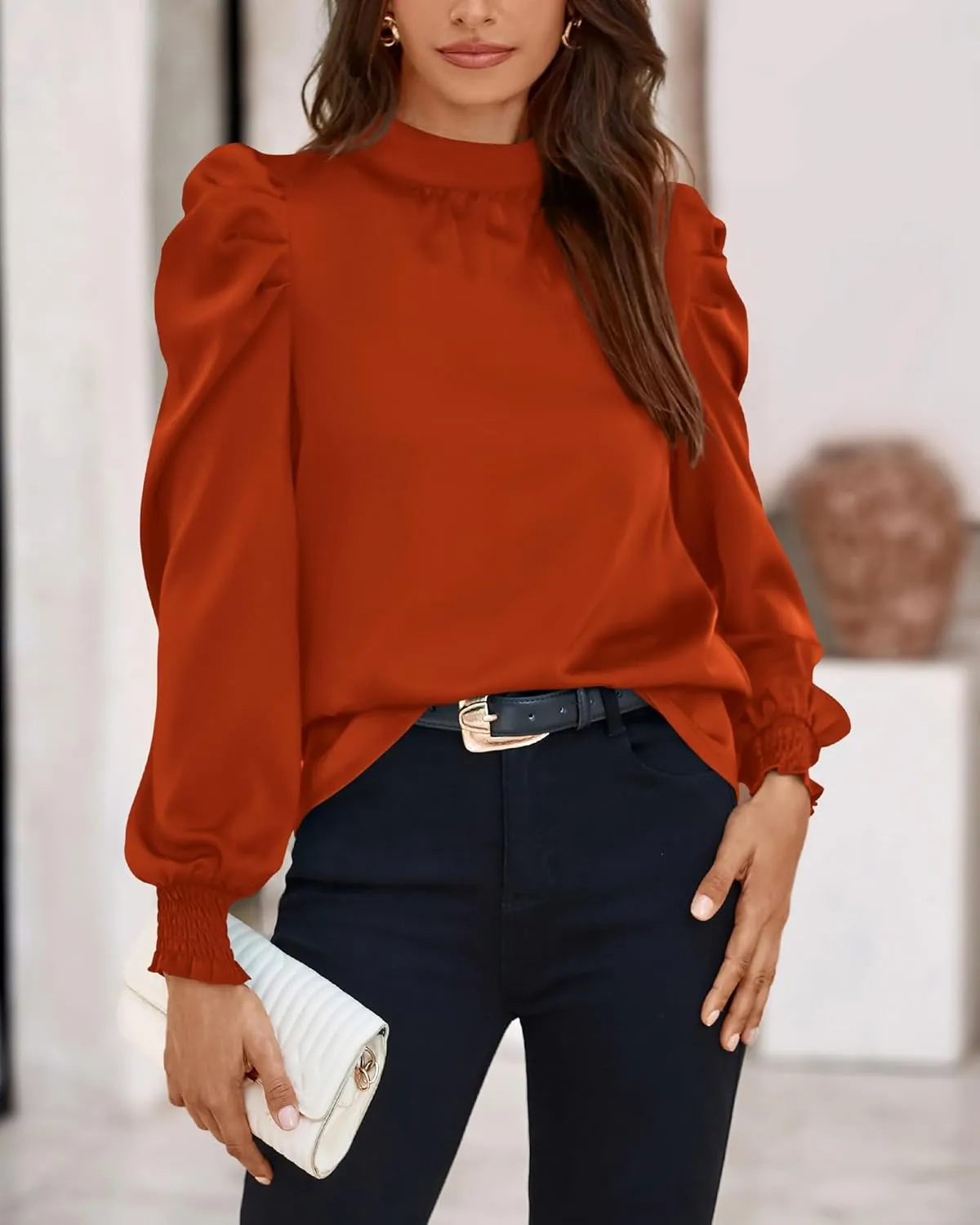 BTFBM Women Satin Puff Long Sleeve Blouses Mock Neck Shirts Business Casual Tops Work Dressy Blouse Spring Fall Clothes