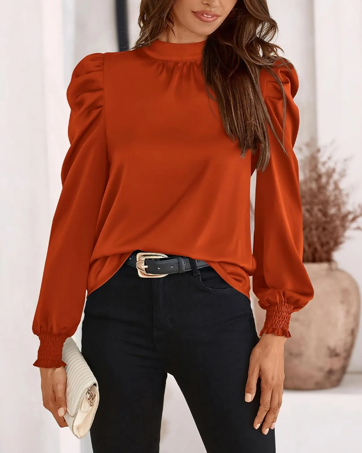 BTFBM Women Satin Puff Long Sleeve Blouses Mock Neck Shirts Business Casual Tops Work Dressy Blouse Spring Fall Clothes