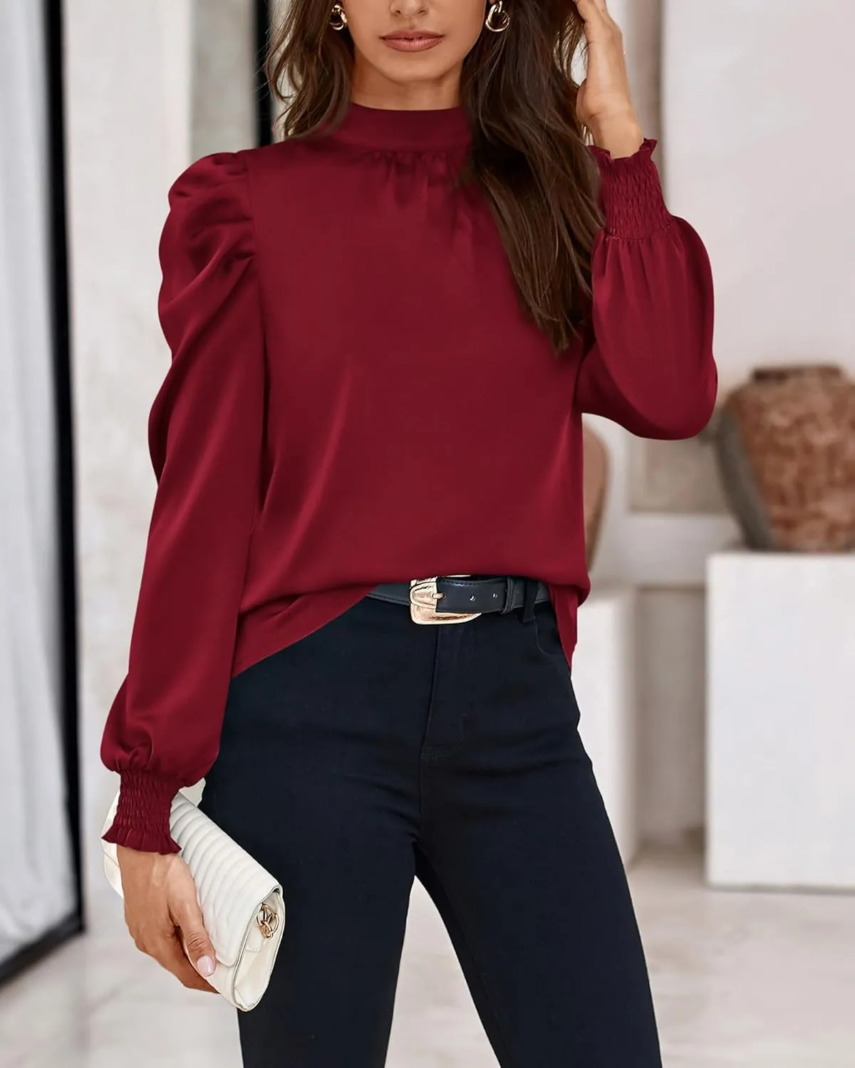 BTFBM Women Satin Puff Long Sleeve Blouses Mock Neck Shirts Business Casual Tops Work Dressy Blouse Spring Fall Clothes