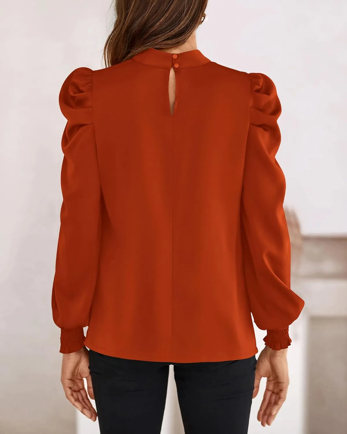 BTFBM Women Satin Puff Long Sleeve Blouses Mock Neck Shirts Business Casual Tops Work Dressy Blouse Spring Fall Clothes