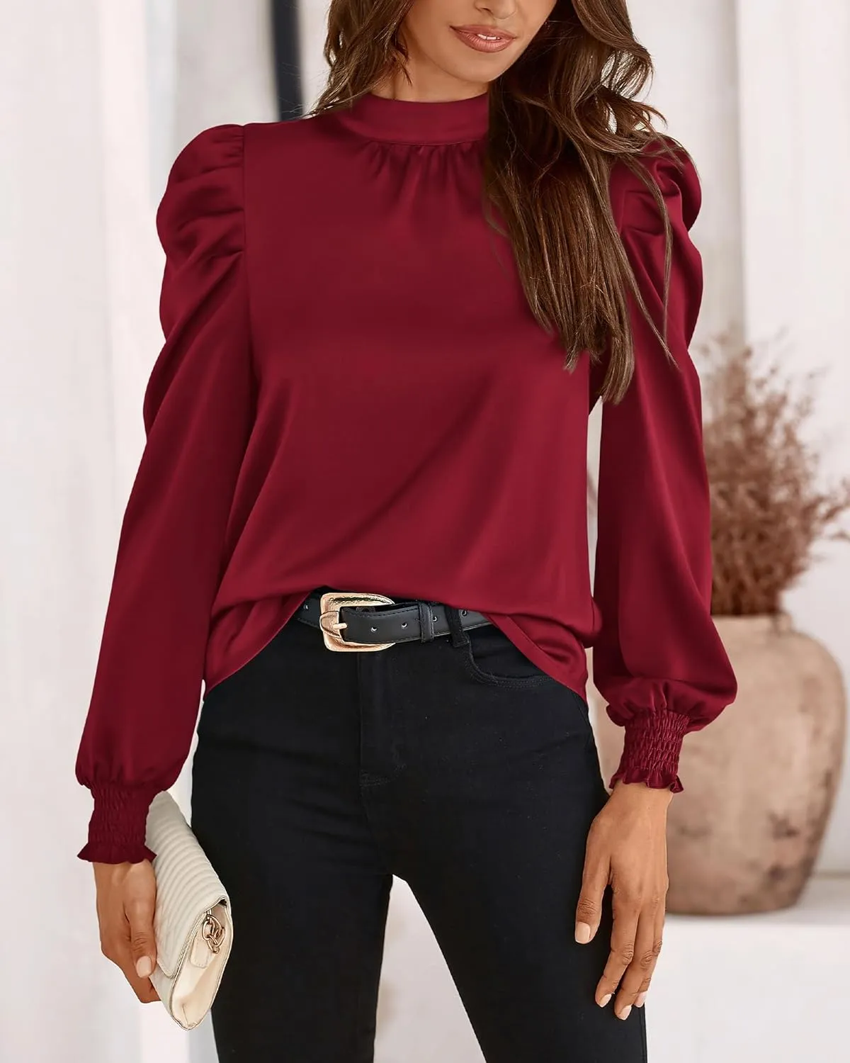 BTFBM Women Satin Puff Long Sleeve Blouses Mock Neck Shirts Business Casual Tops Work Dressy Blouse Spring Fall Clothes