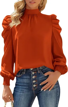 BTFBM Women Satin Puff Long Sleeve Blouses Mock Neck Shirts Business Casual Tops Work Dressy Blouse Spring Fall Clothes