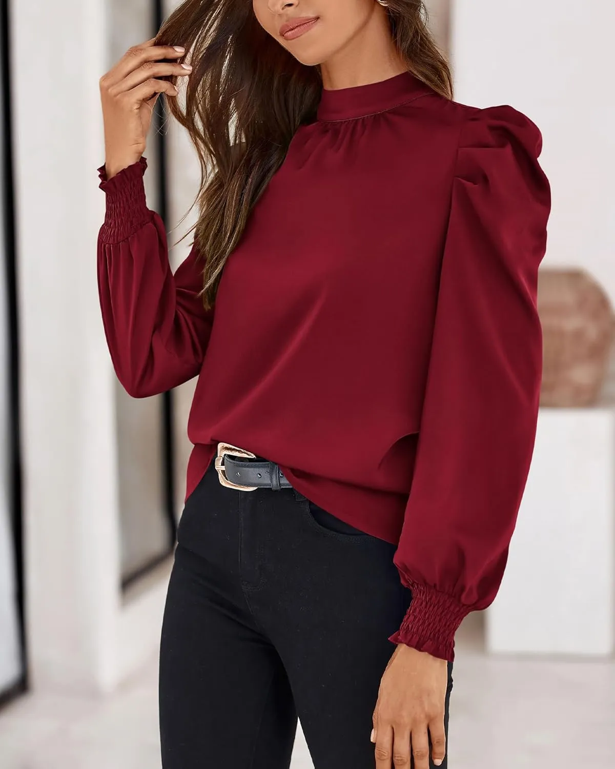 BTFBM Women Satin Puff Long Sleeve Blouses Mock Neck Shirts Business Casual Tops Work Dressy Blouse Spring Fall Clothes