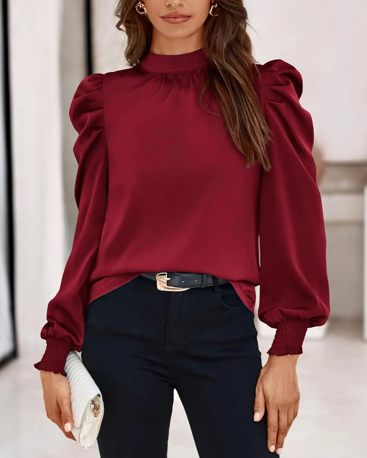 BTFBM Women Satin Puff Long Sleeve Blouses Mock Neck Shirts Business Casual Tops Work Dressy Blouse Spring Fall Clothes
