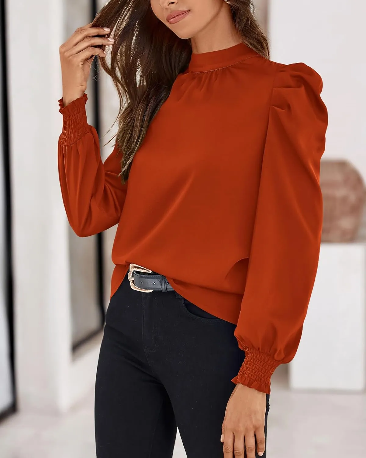 BTFBM Women Satin Puff Long Sleeve Blouses Mock Neck Shirts Business Casual Tops Work Dressy Blouse Spring Fall Clothes