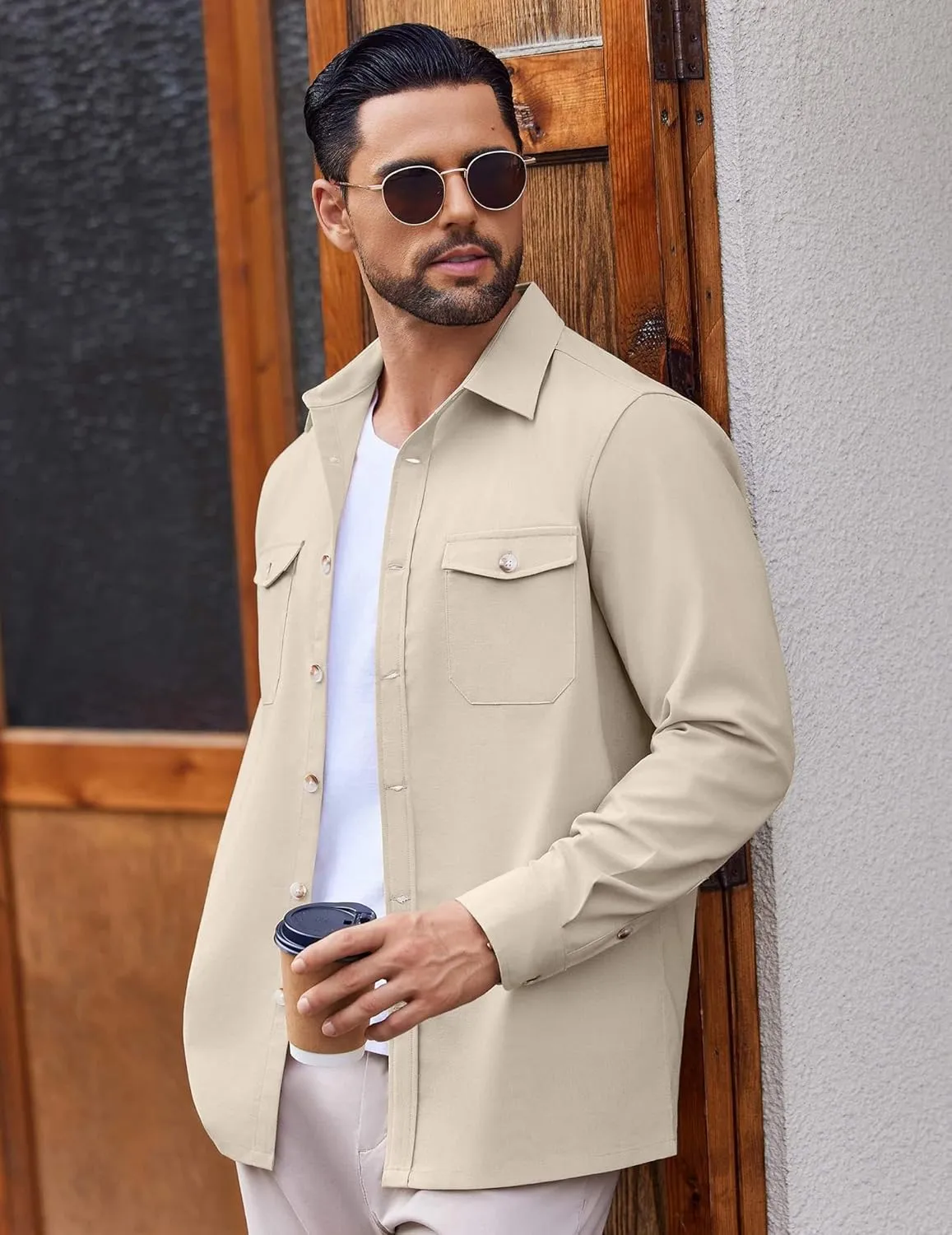 COOFANDY Men's Casual Shirt Jacket Linen Button Down Shirt Long Sleeve Lightweight Shacket with Pockets