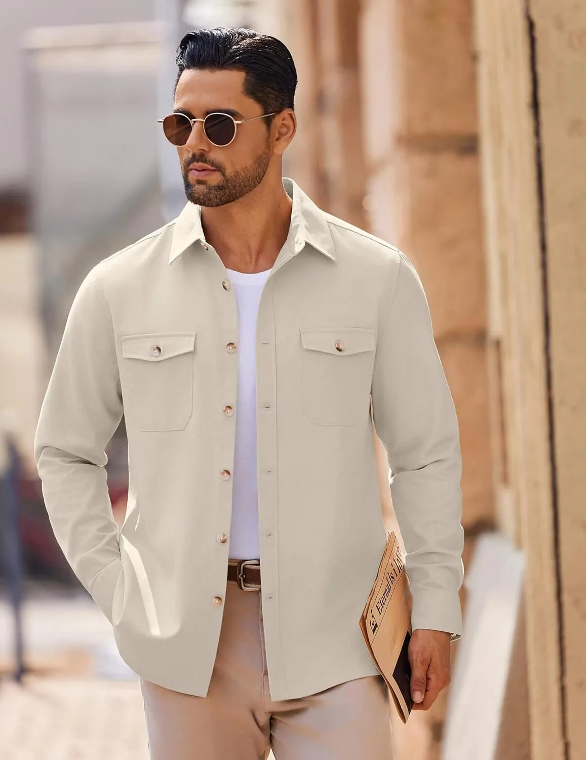 COOFANDY Men's Casual Shirt Jacket Linen Button Down Shirt Long Sleeve Lightweight Shacket with Pockets