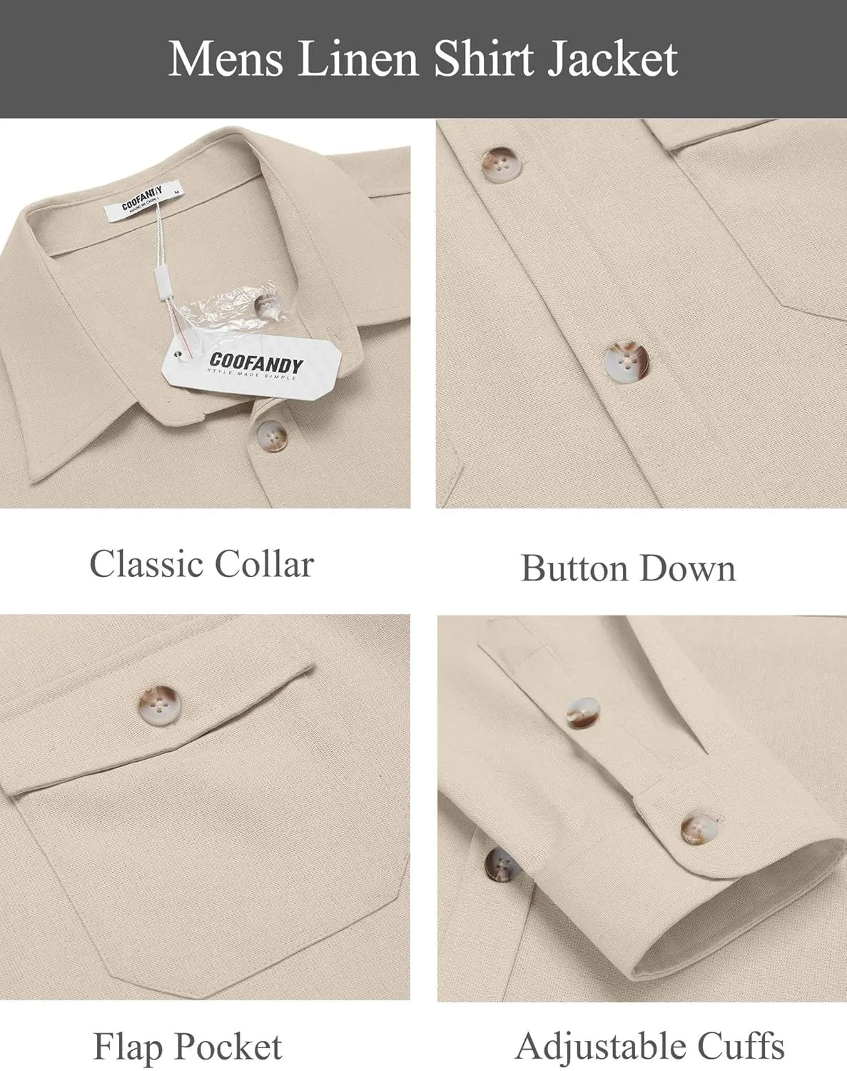 COOFANDY Men's Casual Shirt Jacket Linen Button Down Shirt Long Sleeve Lightweight Shacket with Pockets