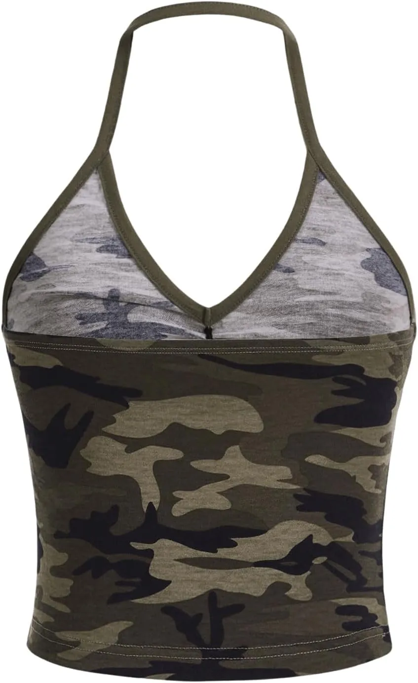 COZYEASE Women's Camo Print V Neck Sleeveless Crop Tops Casual Ruched Backless Halter Tops