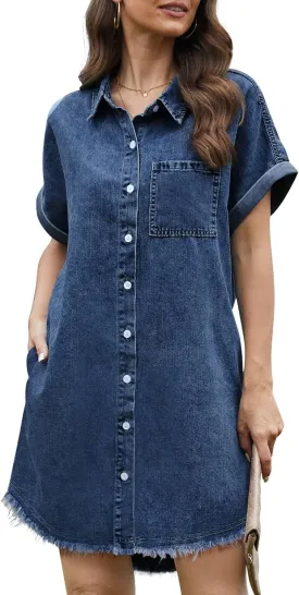 Denim Dress for Women Midi Jean Shirt Dresses Button Down Short Sleeve Summer Womens Jeans Babydoll Pockets