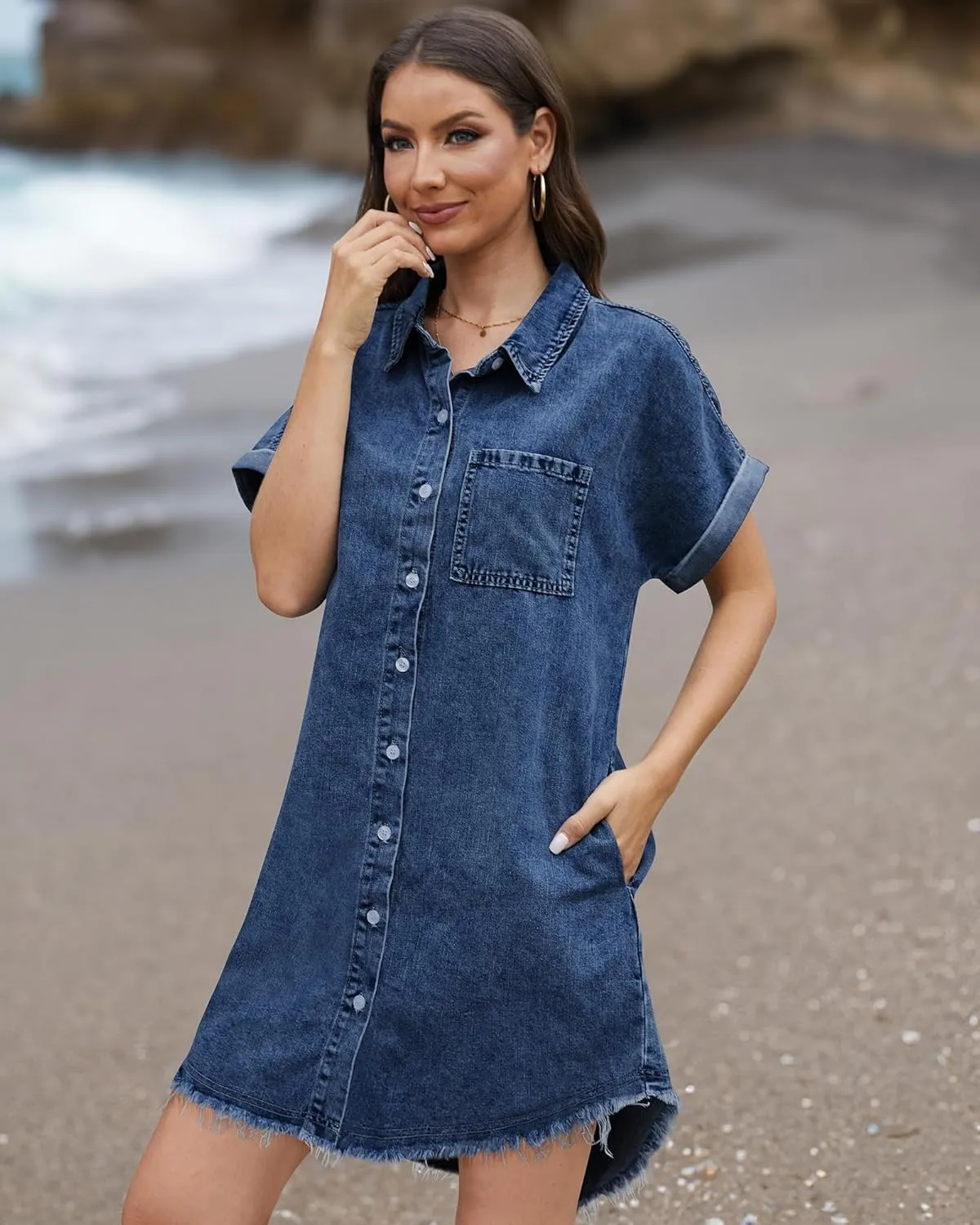 Denim Dress for Women Midi Jean Shirt Dresses Button Down Short Sleeve Summer Womens Jeans Babydoll Pockets
