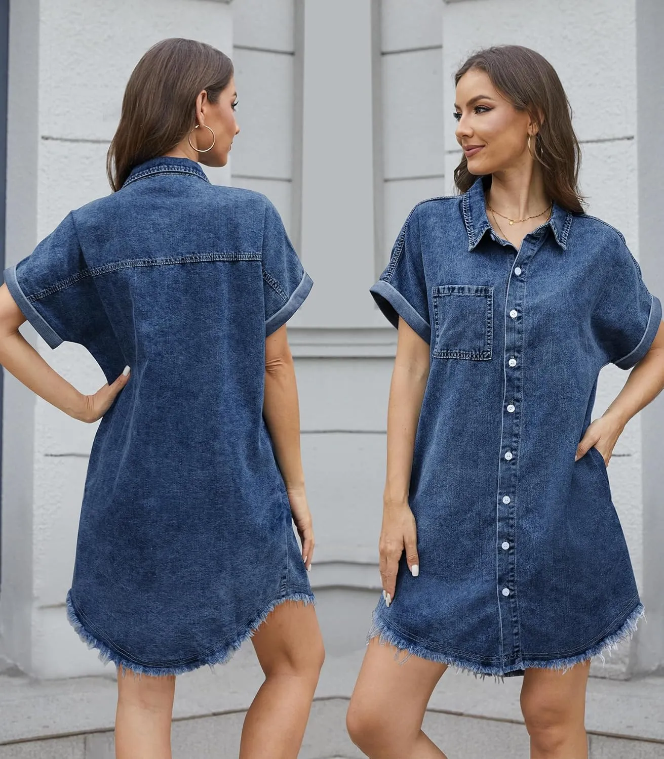 Denim Dress for Women Midi Jean Shirt Dresses Button Down Short Sleeve Summer Womens Jeans Babydoll Pockets