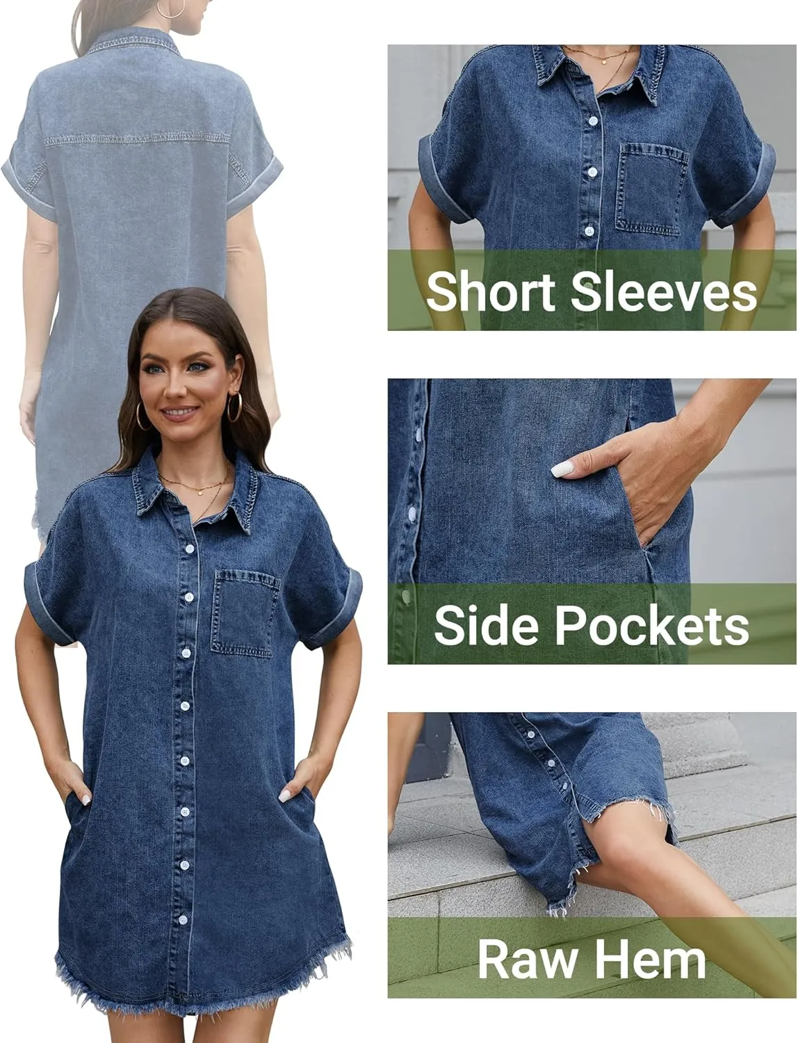 Denim Dress for Women Midi Jean Shirt Dresses Button Down Short Sleeve Summer Womens Jeans Babydoll Pockets