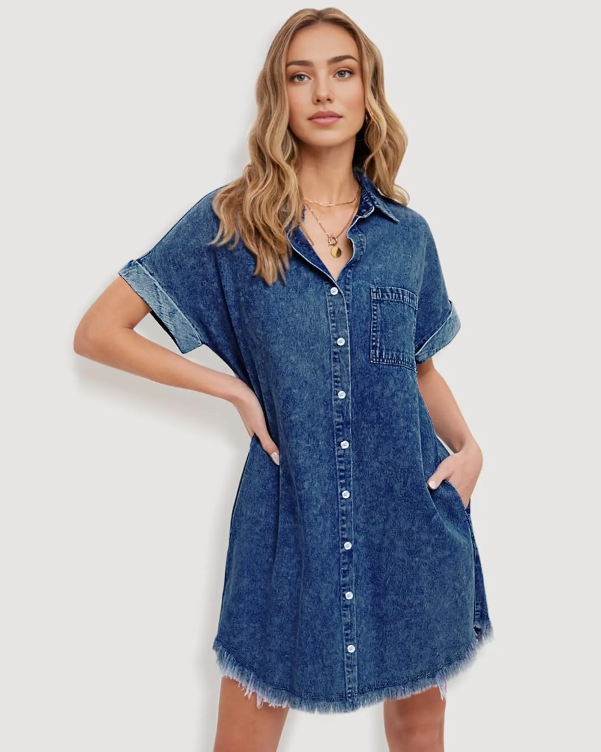 Denim Dress for Women Midi Jean Shirt Dresses Button Down Short Sleeve Summer Womens Jeans Babydoll Pockets