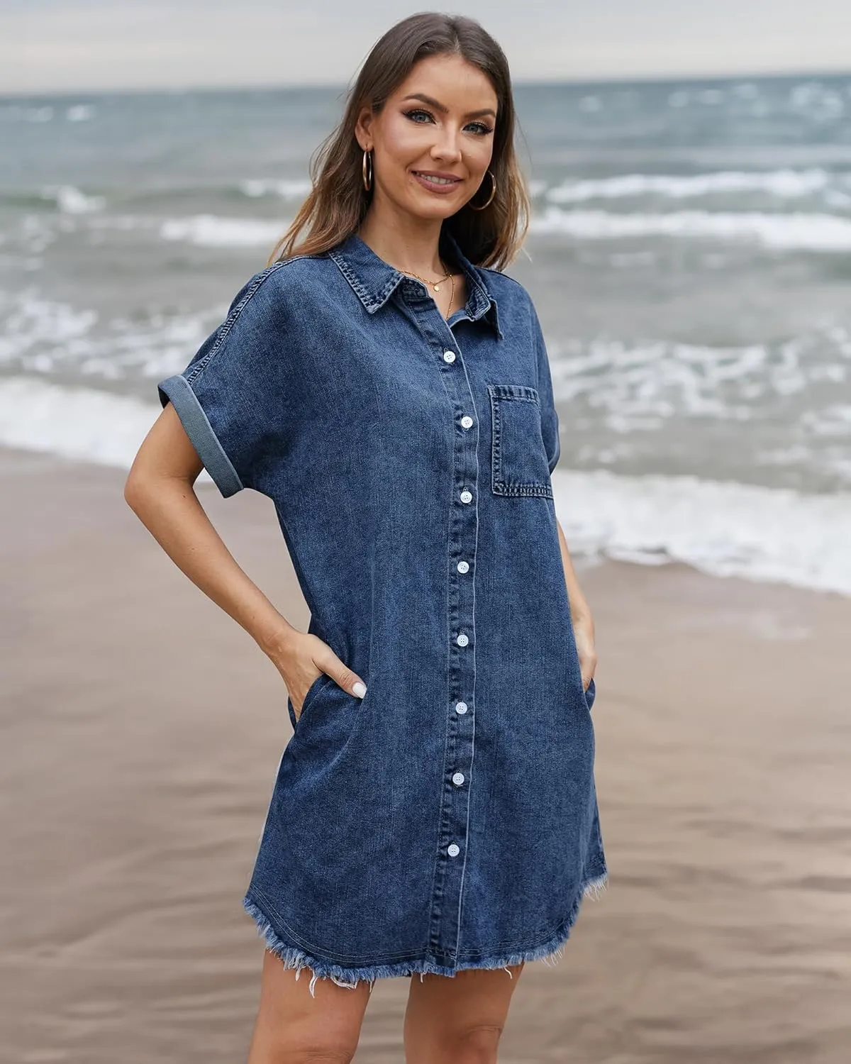 Denim Dress for Women Midi Jean Shirt Dresses Button Down Short Sleeve Summer Womens Jeans Babydoll Pockets