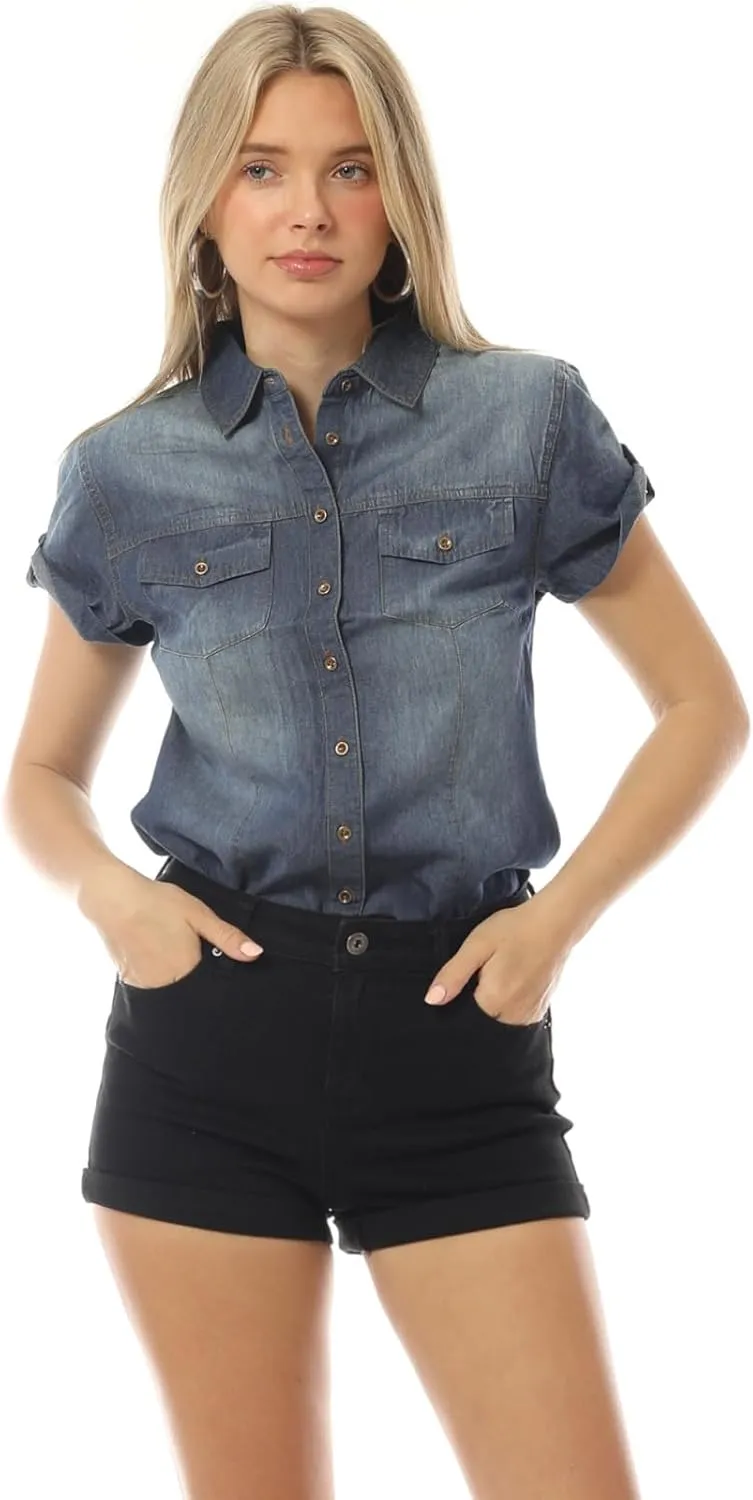 Design by Olivia Women's Cap Sleeve Button Down Denim Chambray Shirt
