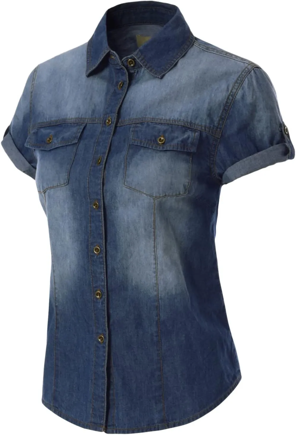 Design by Olivia Women's Cap Sleeve Button Down Denim Chambray Shirt