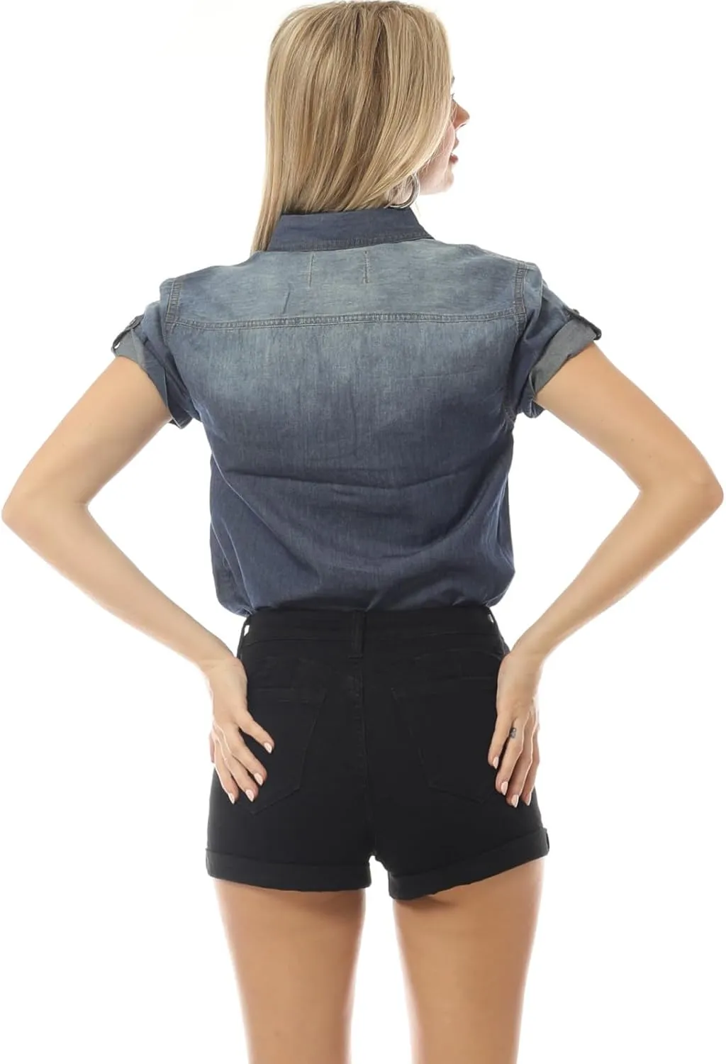 Design by Olivia Women's Cap Sleeve Button Down Denim Chambray Shirt