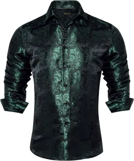 DiBanGu Mens Silk Paisley Dress Shirts,Long Sleeve Button Down Shirt Casual Regular Fit Shirt for Men Wedding Party