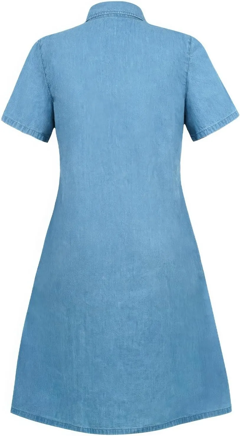 ebossy Women's Casual Short Sleeved Denim Shirt Dress Turn Down Collar Button Up Knee Length Tiered Jean Dress