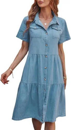 ebossy Women's Casual Short Sleeved Denim Shirt Dress Turn Down Collar Button Up Knee Length Tiered Jean Dress