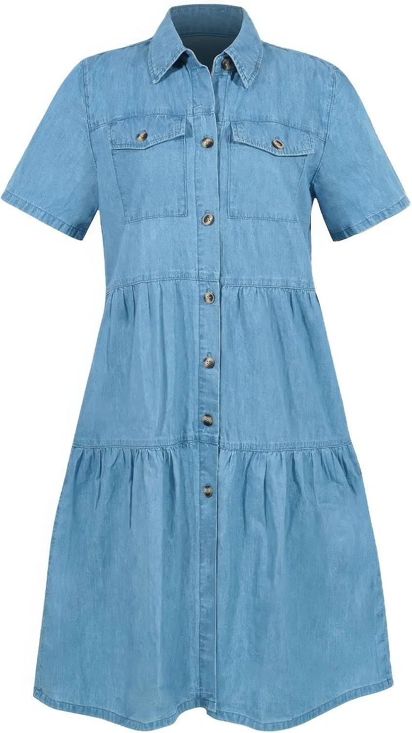 ebossy Women's Casual Short Sleeved Denim Shirt Dress Turn Down Collar Button Up Knee Length Tiered Jean Dress