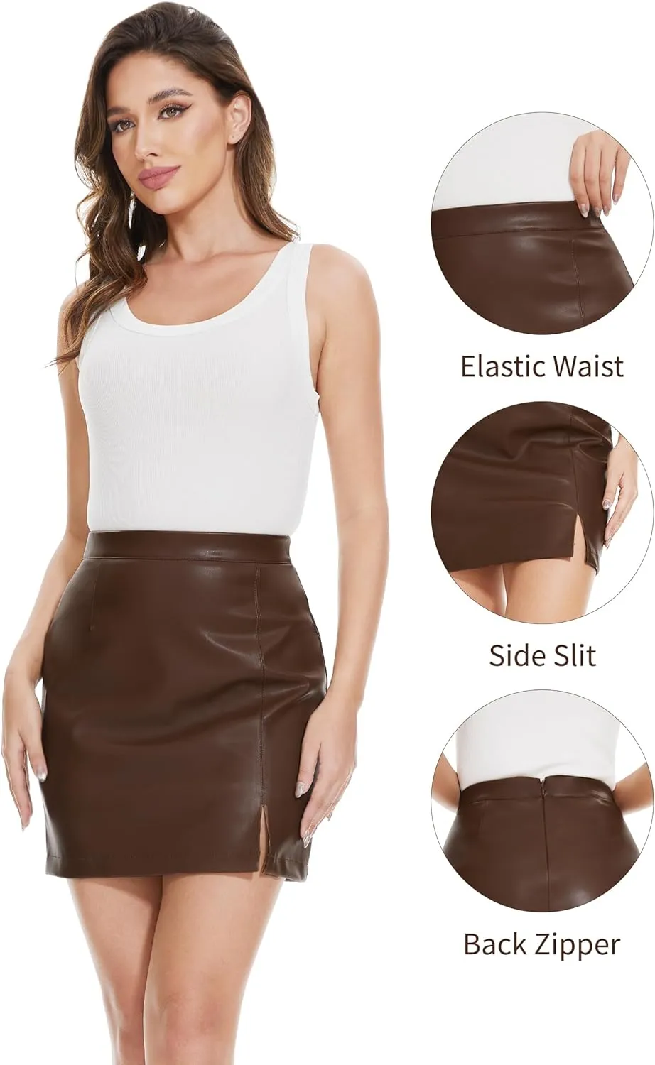 Fahsyee Leather Skirt, Women Faux Mini Elastic High Waist Plus Size Pencil Aline Bodycon Vegan Stretch Elegant Skirts S-XXL